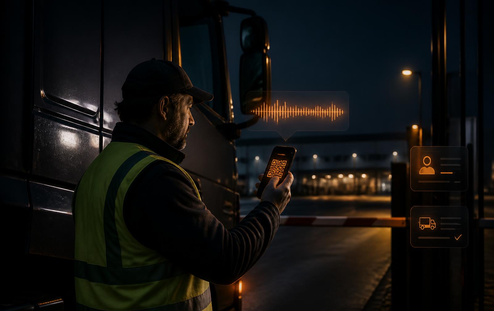AI hlasový asistent pro řidiče – řidič u kamionu s mobilem a QR kódem